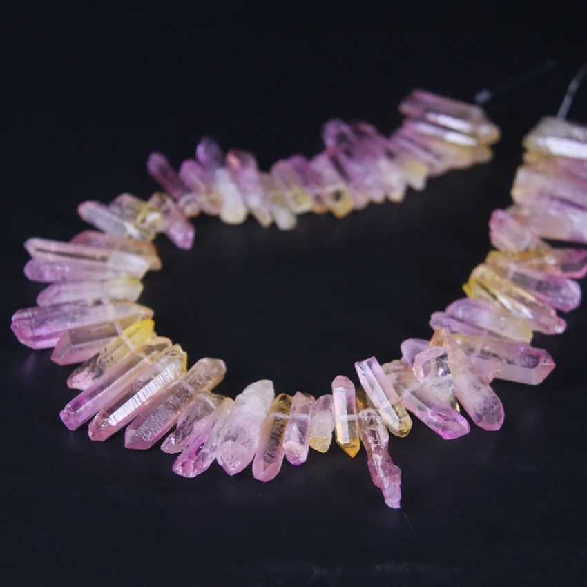 

15.5"/strand Purple&Yellow Gradient Color Raw Crystal Quartz Top Drilled Point Beads,Titanium Cut Crystal Stick Pendants Jewelry