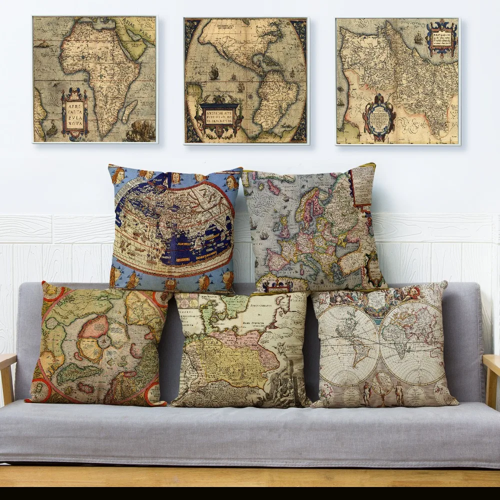 

Vintage Old Map Print Cushion Cover 45*45 Square Pillow Covers Beige Linen Throw Pillows Cases Sofa Home Decor Pillowcase