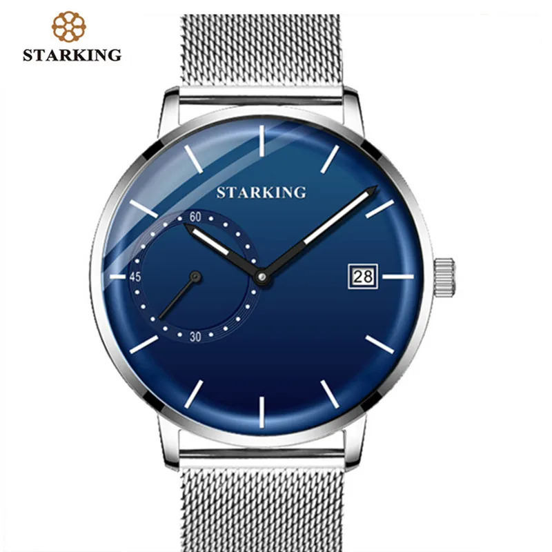 

STARKING Dress Men Watch Steel Mesh Band Quartz Analog Wristwatch 3ATM Waterproof Curved Glass Blue Male Clock Relogio Masculino