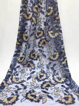 

Royal Blue Gold African Lace Fabric 2019 High Quality Lace French Mesh Fabric Sequins Nigerian Gold Lace Fabrics For Party Dress