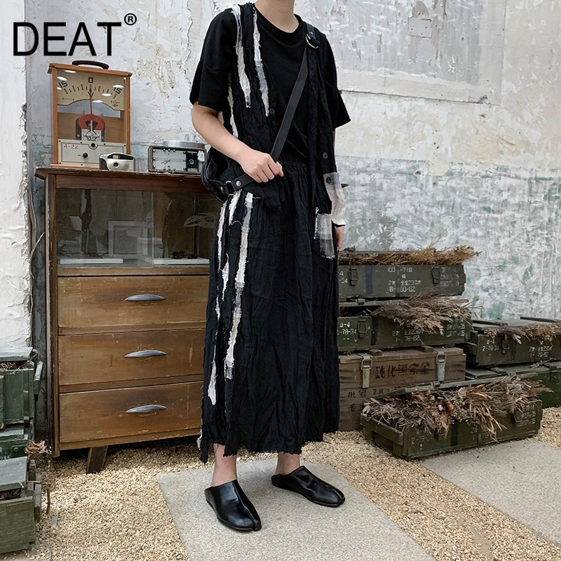 

[DEAT] 2019 New Spring Summer V-collar Sleeveless Pattern Printed Striped Split Joint Loose Vest Women Fashion Tide JU49