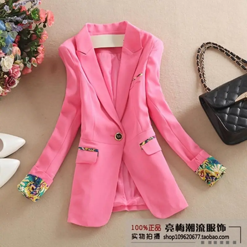 Женская одежда Принт блейзер Весна Для женщин элегантные дамы лоскутное с длинным рукавом Тонкий печати Блейзер короткая куртка Для женщин пальто - Цвет: Розовый
