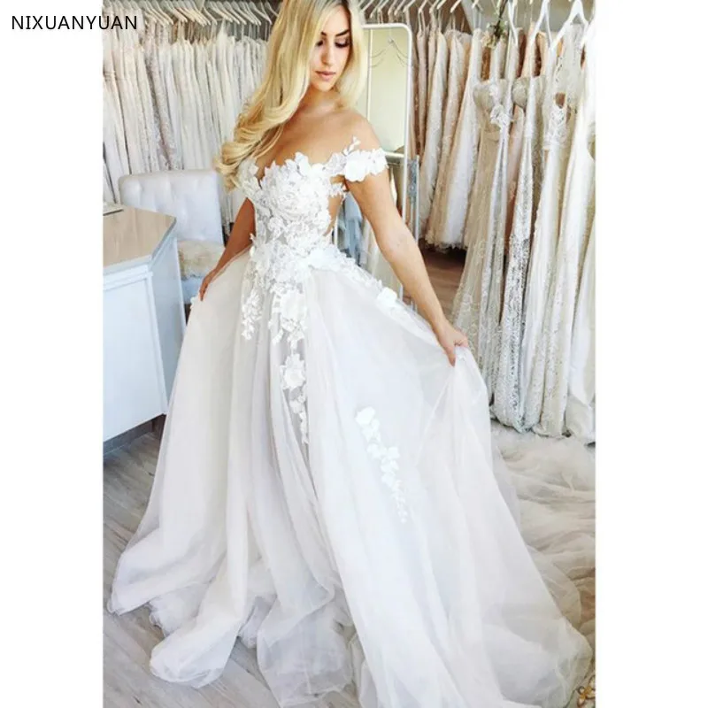 

White Lace Appliques Beach Wedding Dresses 2019 Sheer Back Off The Shoulder Boho Bride Dresses Vestido De Noiva