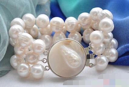

Hot selling>@@ 0700 3row 8" WHITE ROUND FRESHWATER PEARL BRACELET -Bride jewelry free shipping