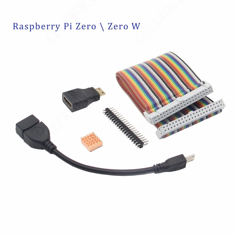 Geekworm Raspberry Pi Zero \ Zero W GPIO кабель+ USB OTG кабель+ Mini HDMI адаптер+ 2x20 Pin Мужской Разъем+ медный теплоотвод 5в1 комплект