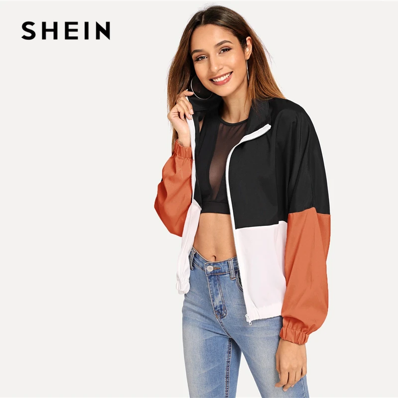 discounted  SHEIN Multicolor Elastic Hem Color Block Windbreaker Jacket Women Summer Autumn Long Sleeve Sportin