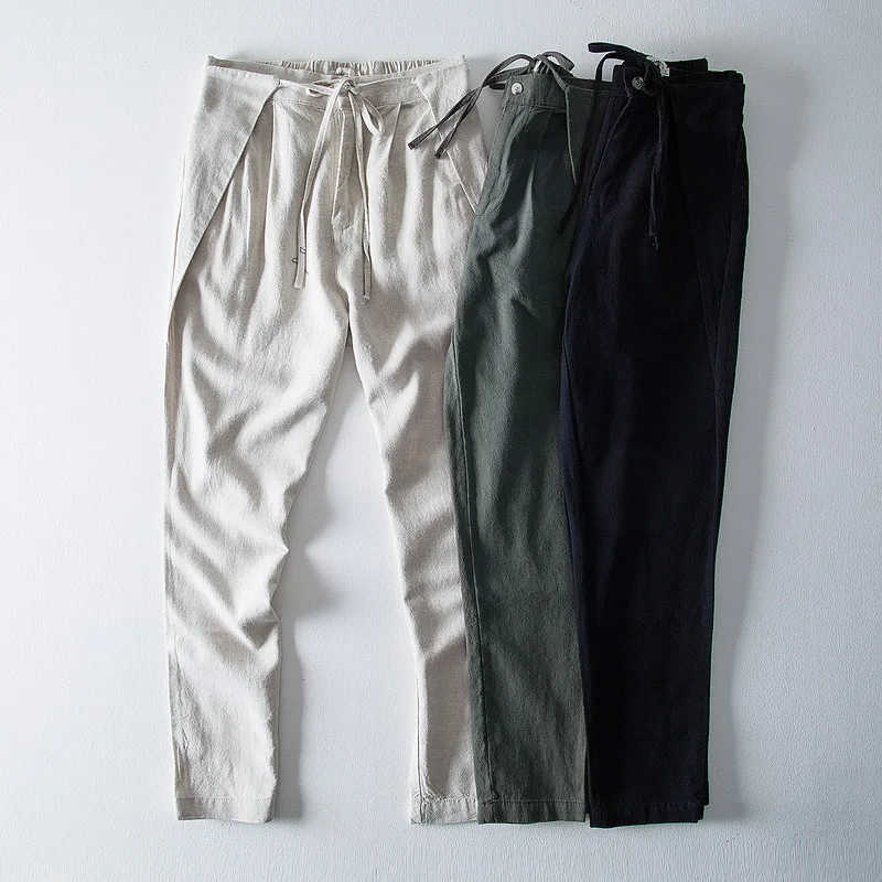 Осенние и весенние брюки мужские льняные повседневные брюки с эластичной резинкой на талии мужские армейские зеленые однотонные модные