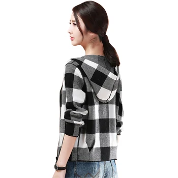 

Spring Autumn New Ladies Casual Fashion Wild Loose Sweater Coat Long-sleeved Hooded Short Jacket Cardigan Fashion Plaid Coat