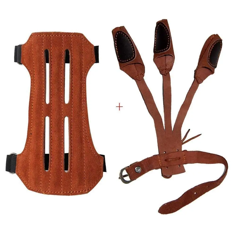 

Huntingdoor Leather 2 Straps Arm Guard & 3 Finger Protective Gloves for Recurve Compound Long Bow Hunting Shooting
