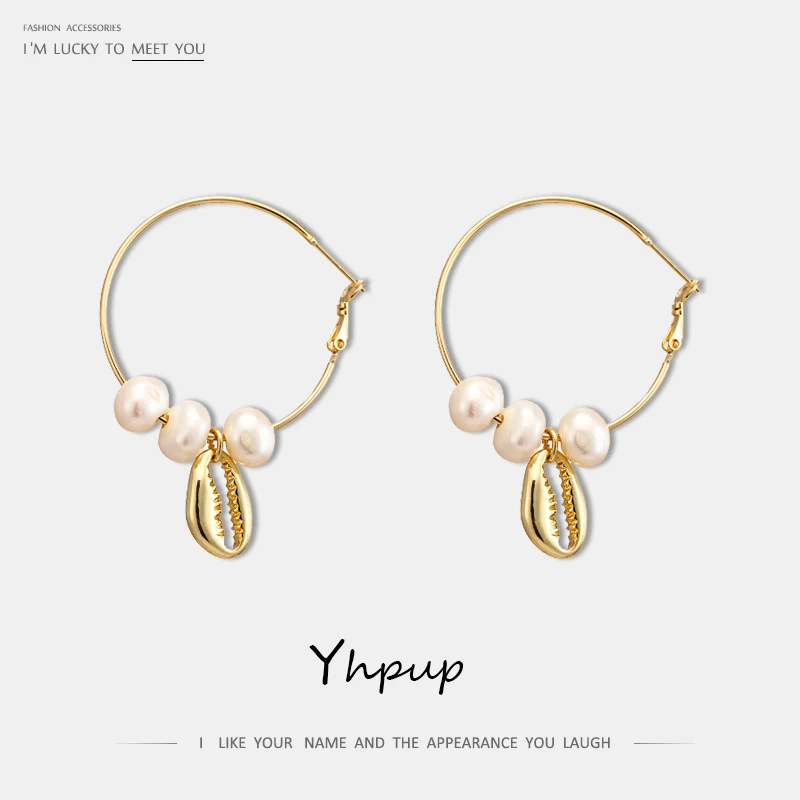 

Yhpup Fashion Simple Natural Freshwater Pearls Hoop Earrings Copper Shell Geometric Gold Earring Brincos for Female Jewelry 2019