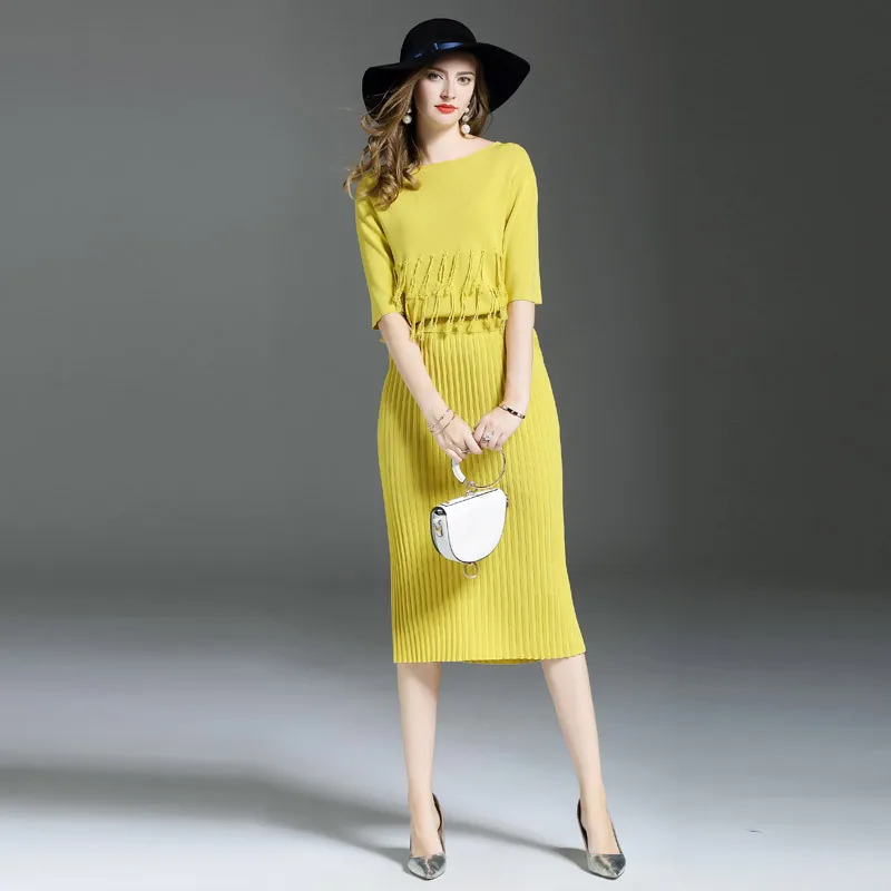 New Brand Design Tassel Women Knitted Tops + Skirts Set Autumn Winter