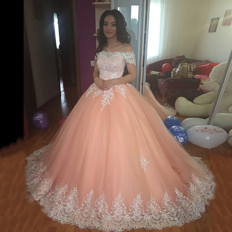 

Pink Ball Gown Prom Gowns Elegant Lace Evening Gowns Appliques Tulle Satin Plus Size Maxi Women Party Dresses