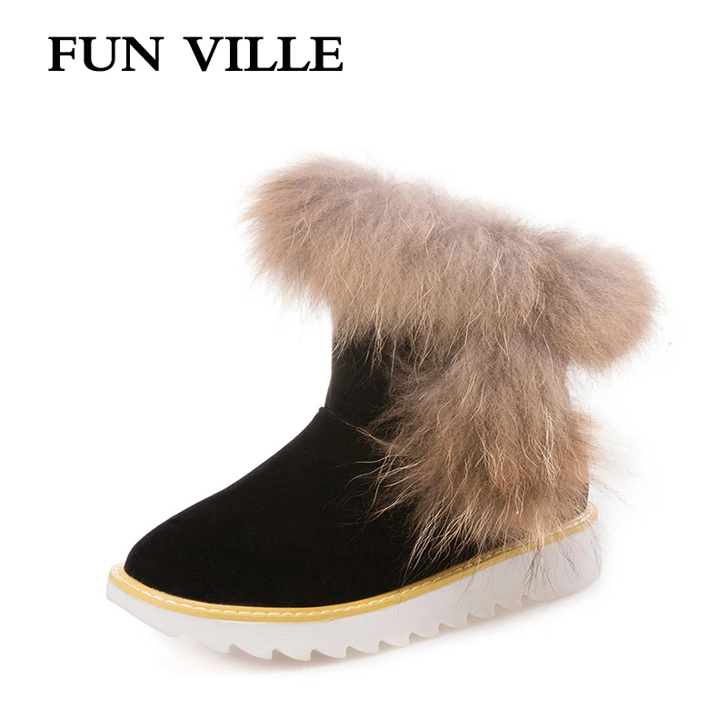 

FUN VILLE New Winter Women's Snow Boots Fur Warm Ankle Boots Flock Thick Platform shoes Sweet Flats shoes Woman Comfortable shoe