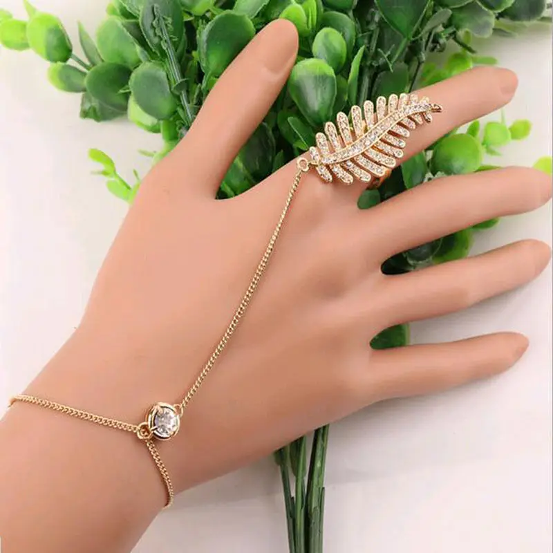 Crystal Rhinestone Feather Leaf Hand Harness Bracelet Slave Chain Link