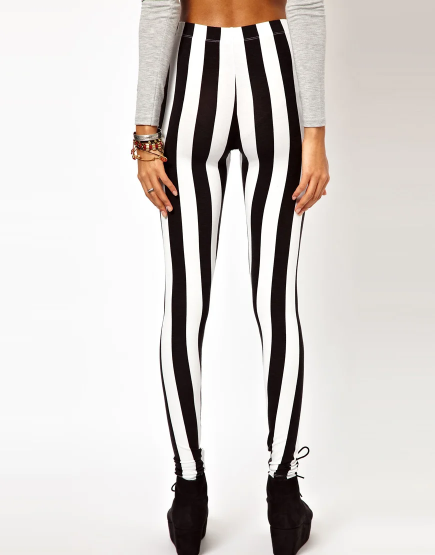2018 Women's Black and White Spandex  Zebra Print Fashion Sexy Fitness Leggings Vertical Striped Pants For Women Trousers Long