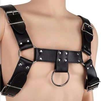 Sexy Heavy Duty Studded PU Leather Mens Strappy Chest H Harness Half Body Restraint with Metal O Ring Macho Play Costume
