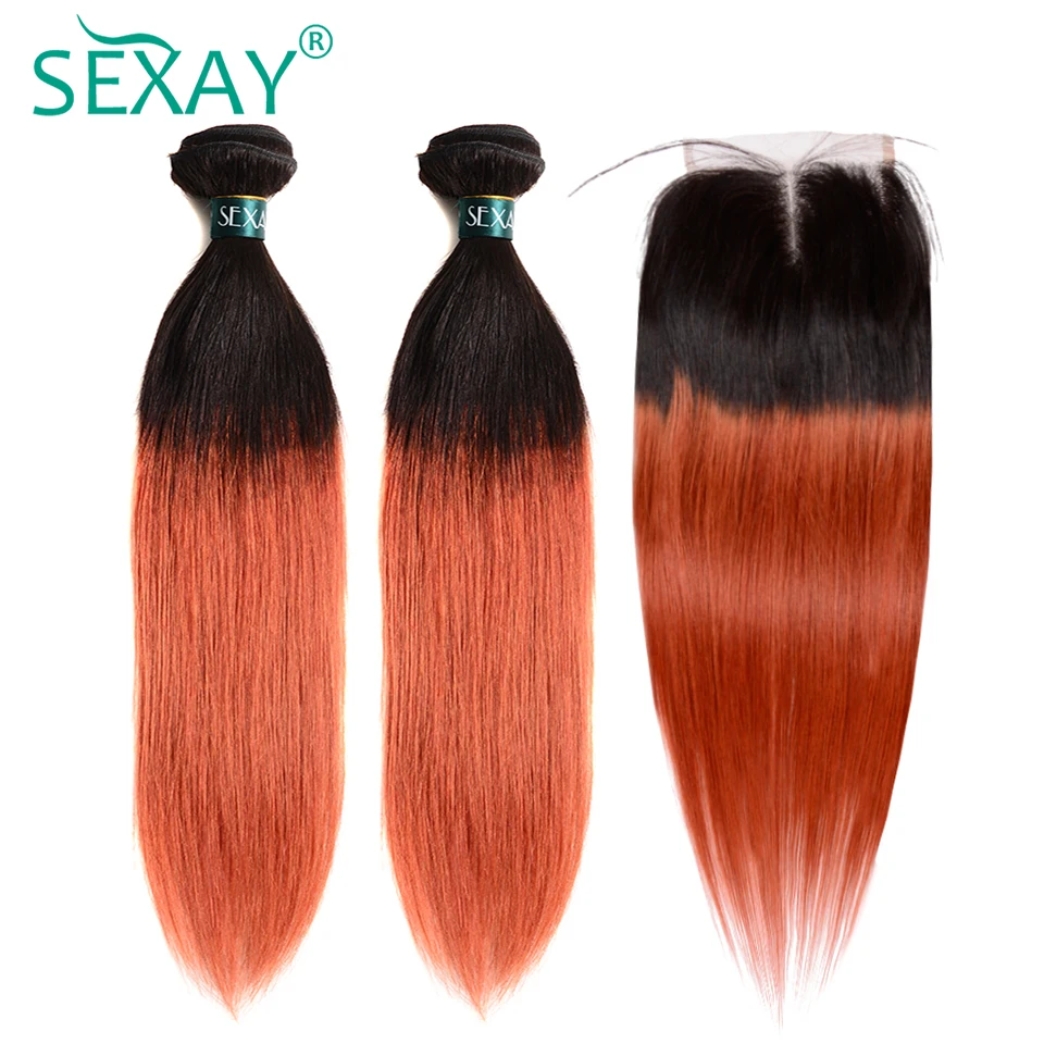 SEXAY пучки волос "омбре" с синтетическое закрытие волос 1B/350 оранжевый цветной пряди человеческих для наращивания не волосы remy ткань 3 Связки с