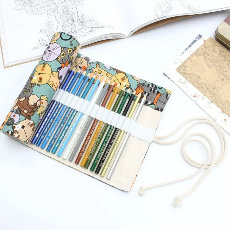 TOPSTHINK cat pattern pencil pouch cute canvas Roll pen pocket with rope middle hardness novelty pencil case with 5 size