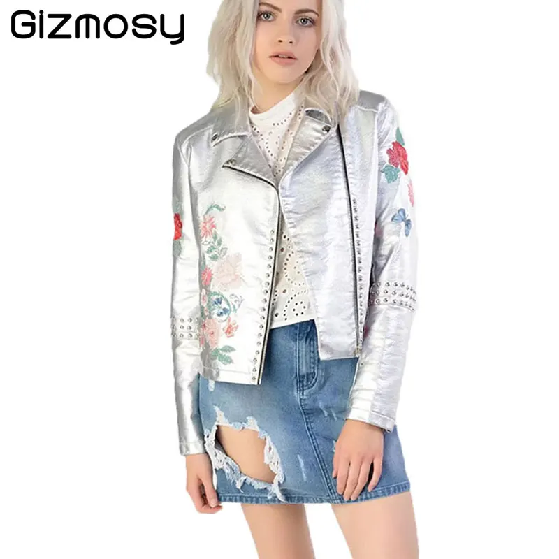 Veste En Biker Outwear Printemps Leather Jaqueta Doux Cuir Manteau De Rivet Pu 2017 Moto Bn1300 Femelle Broderie Silver Couro Base Nouveau Coat PZkiXu