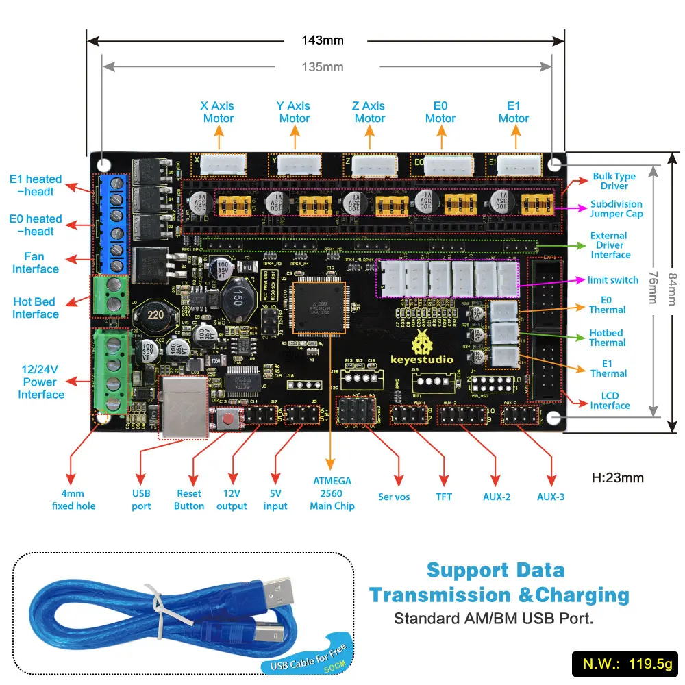 Keyestudio 3D MKS Gen V1.4 принтер материнская плата управления для arduino 3D принтер