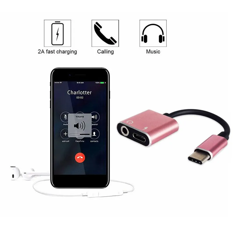 200pcs metal alloy 2 in1 Type C USB C to 3 5mm Audio Headphone Jack Adapter for samsung s8 s9 for lg g5