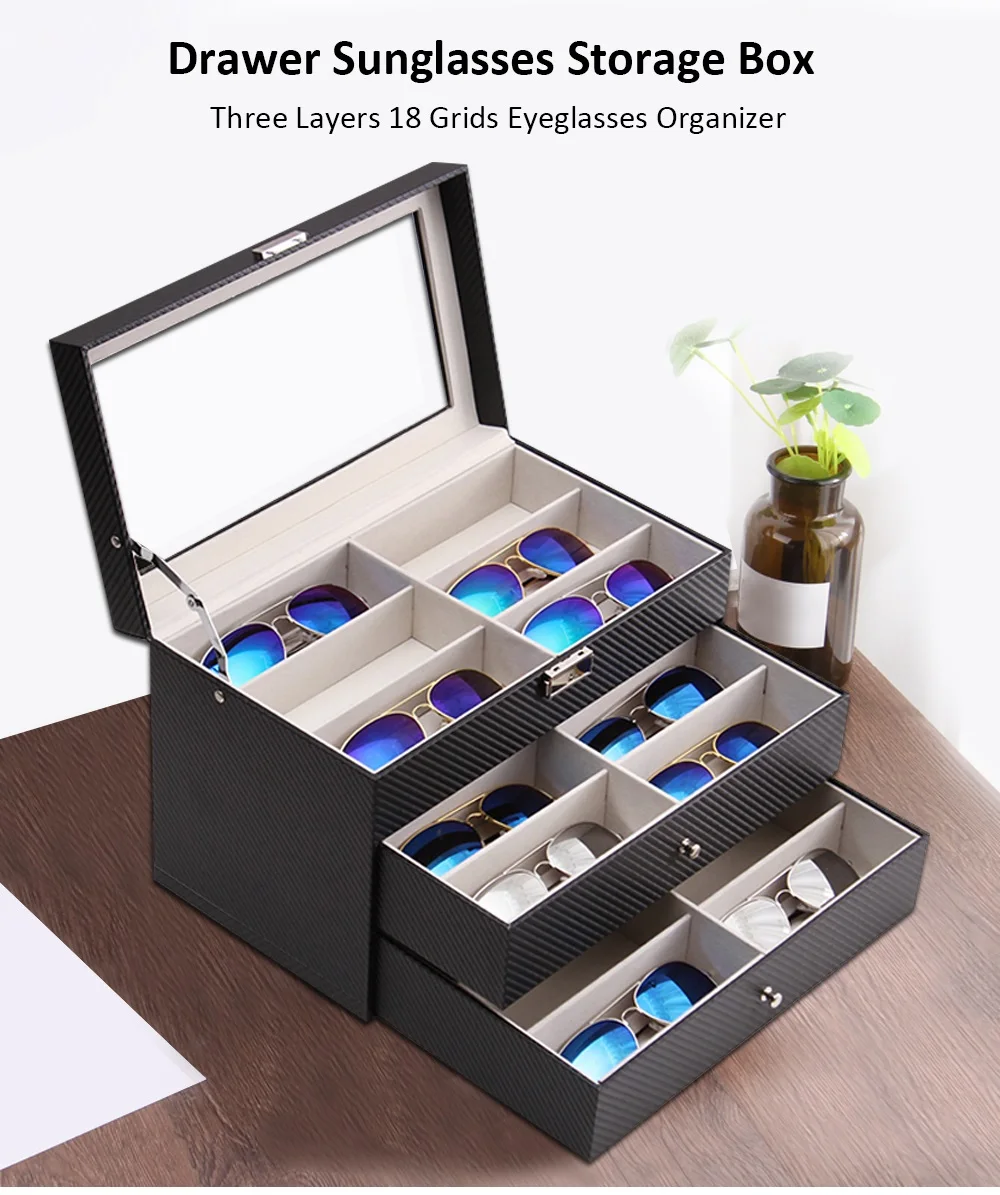Three Layers 18 Grid Drawer Sunglasses Storage Box Eyeglasses Organizer