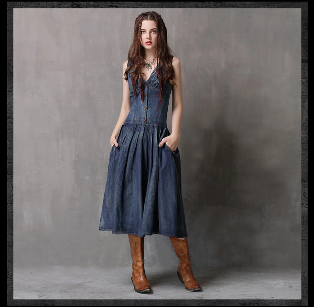 Vintage Summer Deep V-Neck Dress 2018 Boho New Denim Women Dresses Sleeveless A-line Swing Hem Sundresses Vestidos Femininas (16)