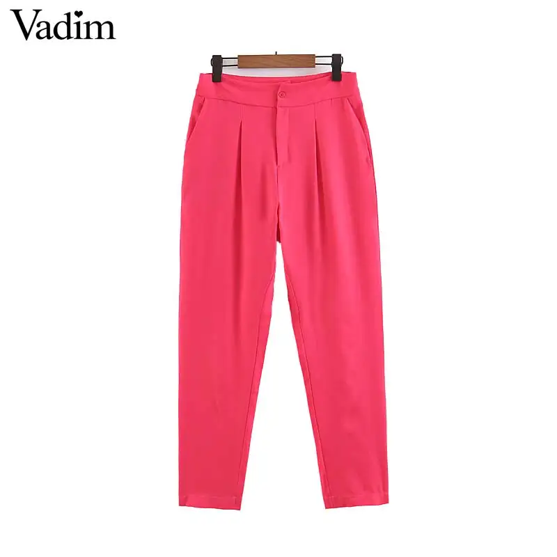 

Vadim women vintage harem pants pockets zipper fly pleated office lady style casual female long chic pink trousers mujer KA829