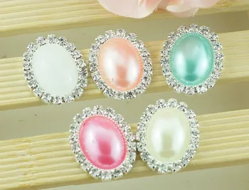 

50pcs 26x20mm Oval Crystal Rhinestone +Pearl Cluster Button Cabochons For Wedding Invitation Making Cardmaking Ribbon Decoration