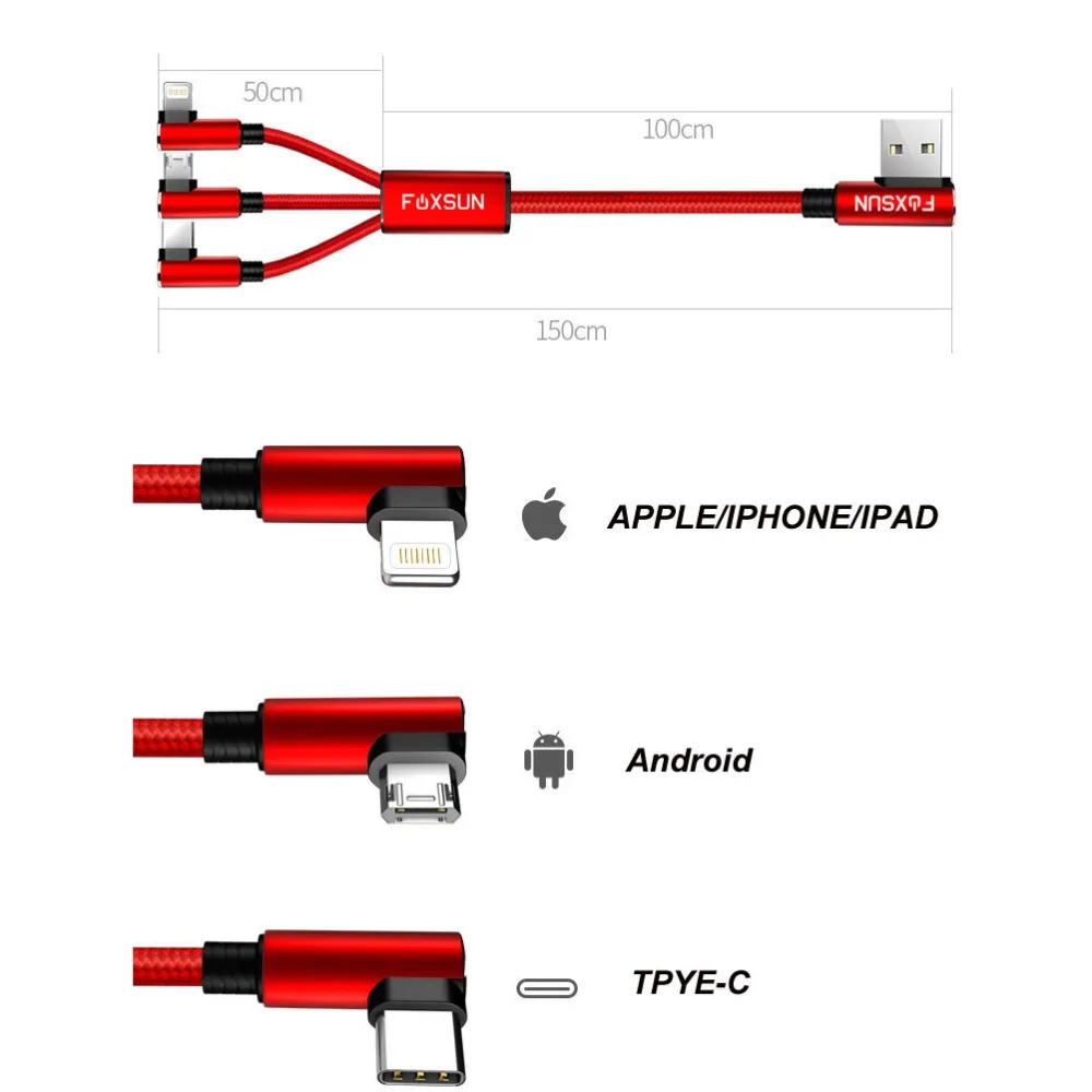 FOXSUN زاوية الحق 3 في 1 USB كابل شحن USB نوع C/ل البرق/مايكرو كابل شحن لفون ، باد سامسونج غالاكسي S8