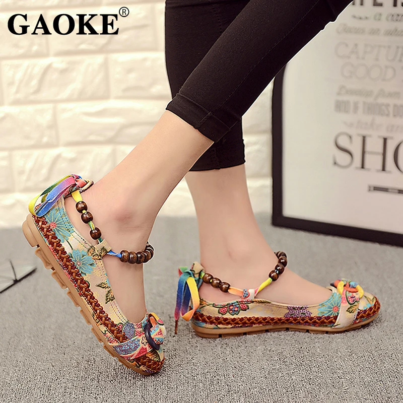

Plus Size 42 Casual Flat Shoes Women Flats Handmade Beaded Ankle Straps Loafers Zapatos Mujer Retro Ethnic Embroidered Shoes