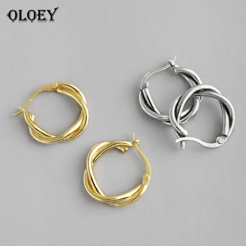 

OLOEY 100% Real 925 Sterling Silver Round Twisted Hoop Earrings for Women Vintage Statement Charm Earring Party Jewelry YME463