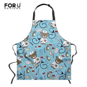

FORUDESIGNS Nurse Bear Printing Women Apons Kitchen Adjustable for Woman Chef Apron Baking Accessories Commercial Restaurant