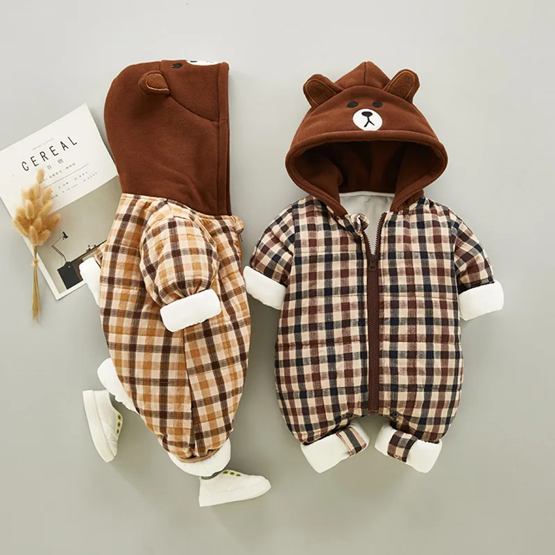 

HYLKIDHUOSE Infant Newborn Rompers 2018 Winter Baby Girl Boy Jumpsuits Lattice Warm Plush Thicken Cartoon Kids Children Costume
