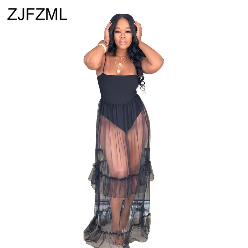 

Spaghetti Strap Summer See Through Dress For Women Mesh Patchwork Sleeveless Brach Long Dress Sexy Strapless Backless Boho Dress