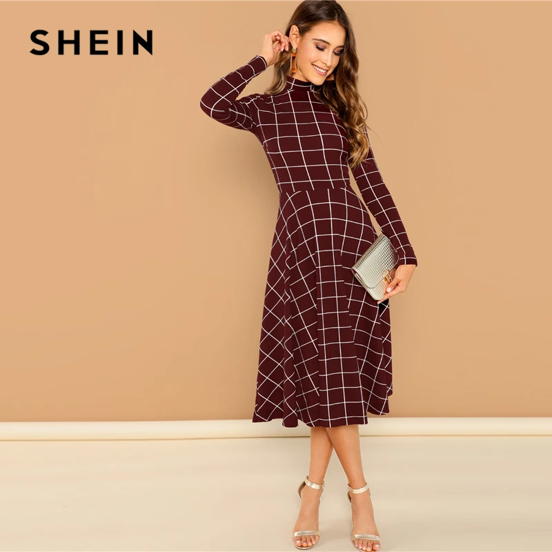 SHEIN Платье Клёш В Клетку С Длинным Рукавом Клетчатое Платье С Расклешенной Юбкой