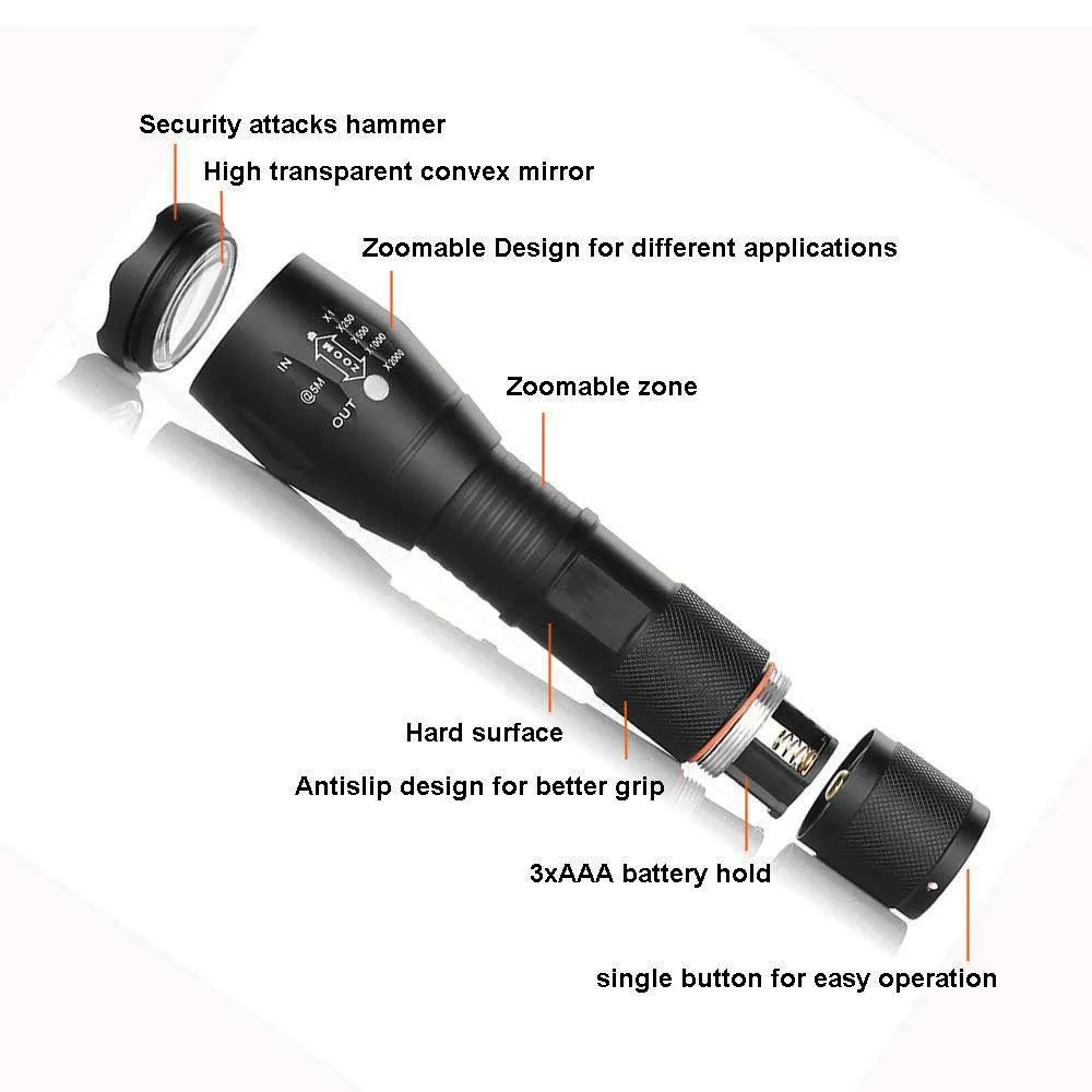 Ultrafire Портативный фонарик с зумом, XML-T6, 5 режимов, светодиодный фонарь, охотничий, водонепроницаемый, для кемпинга, тактический переключатель, фонарь
