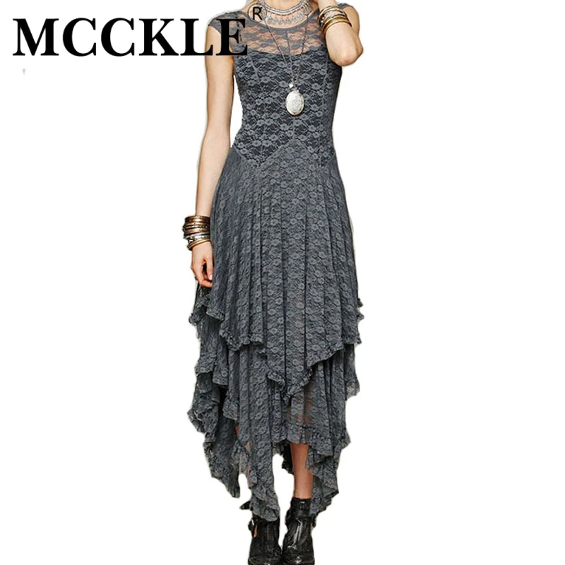 Buy Cheap MCCKLE Women's Boho People Hippie Style Irregular Lace Dresses Sexy Long Dress Double Layered Ruffled Trimming Dress Clothing