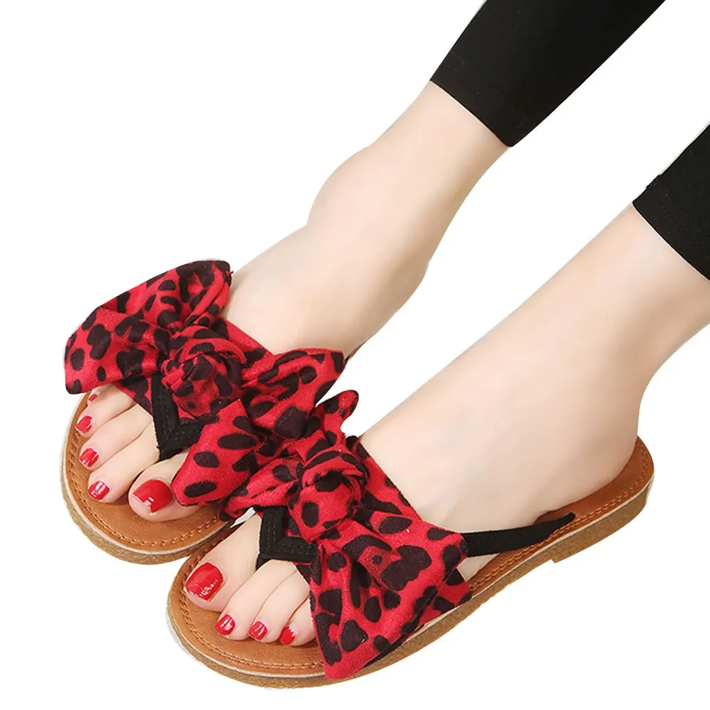 SAGACE New Summer Women's Leopard Flock Shoes Simple Bow Print Beach Flip Flops Sandals Female Slippers Flat With Sandals J11