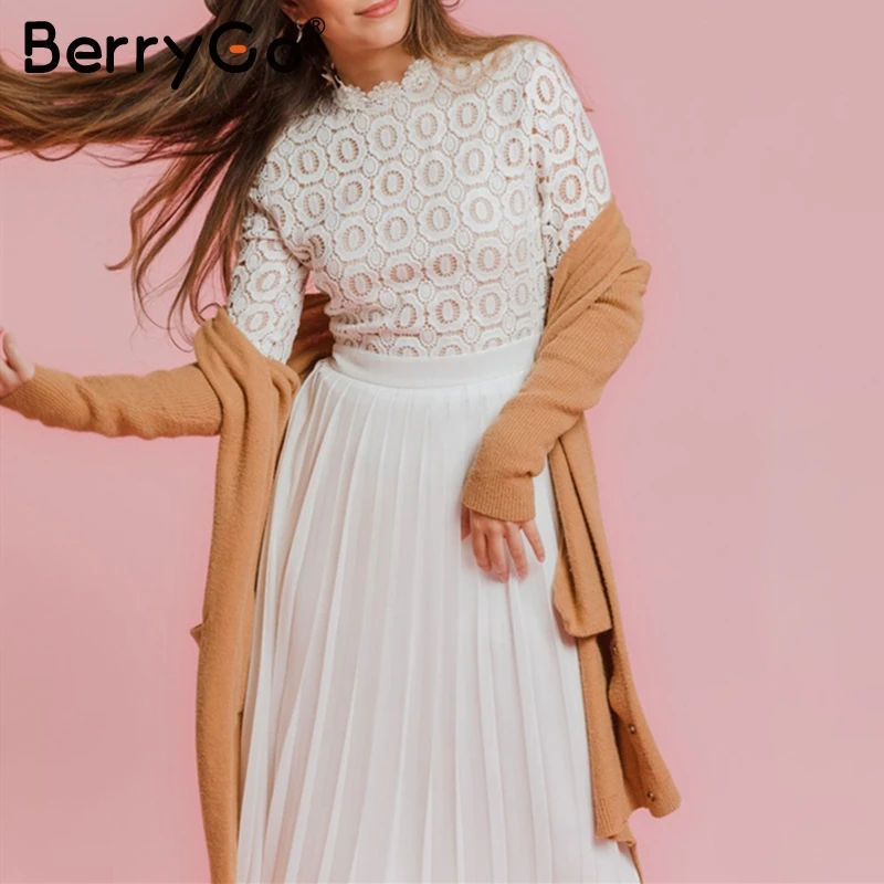 

BerryGo Elegant embroidery lace dress women O neck pleated plus size long white dresses Autumn winter ladies party vestidos 2019