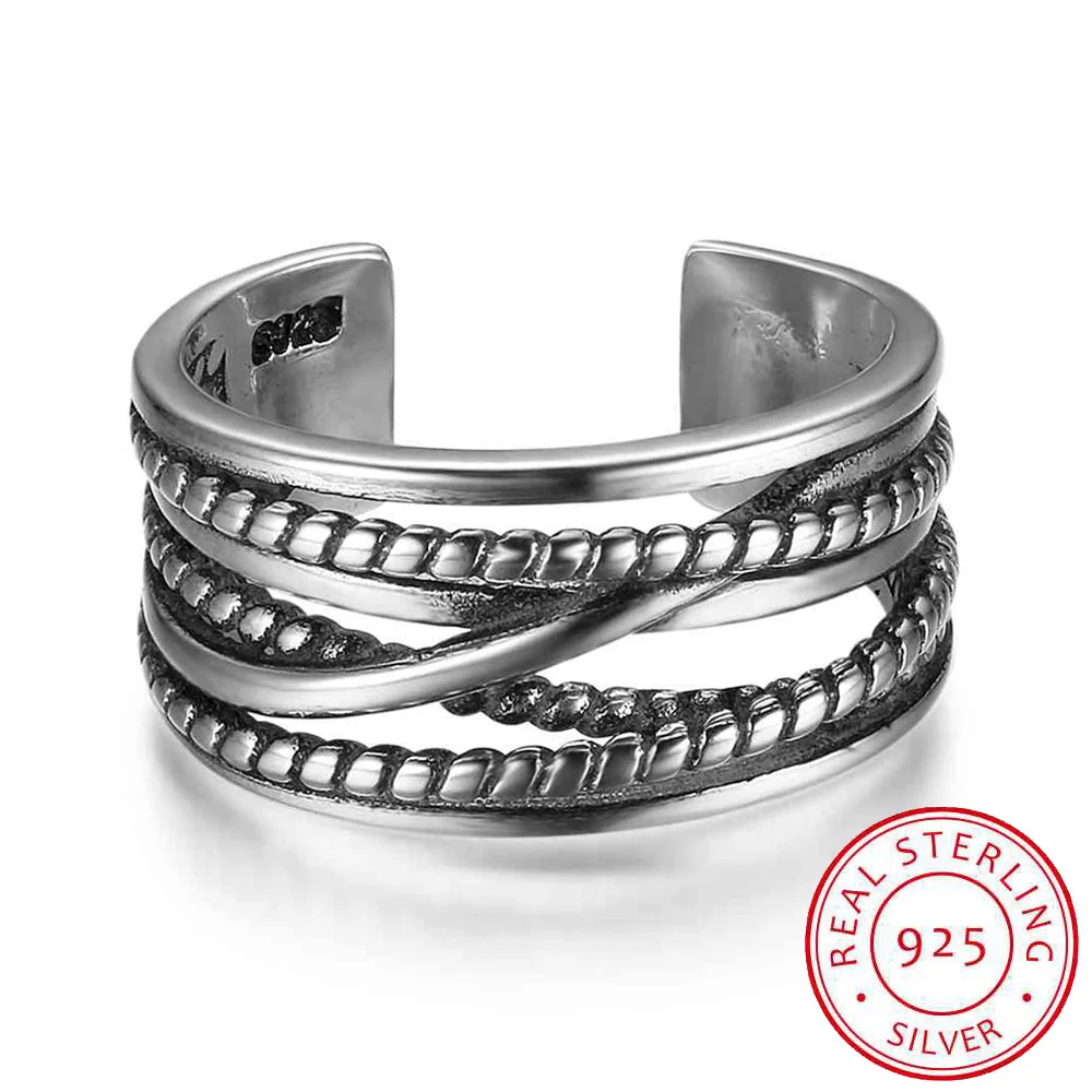 

925 Sterling Silver Rings Women Jewelry 10mm Multi Layer Winding Twist Open Ring Vintage Rings Silver Jewelry 2017 New(RI102703)