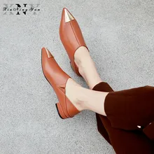 Korean Fashion Flat Shoes Women Spring Autumn Pointed Toe Metal Front Vintage Casual Shoes Slip on Genuine Leather Female Shoes