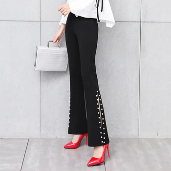 

New Fashion Women High Waist Pants Elegant Split Pearls Beaded Flare Pants Female Plus Size Stretch Pants Office Casual Pants