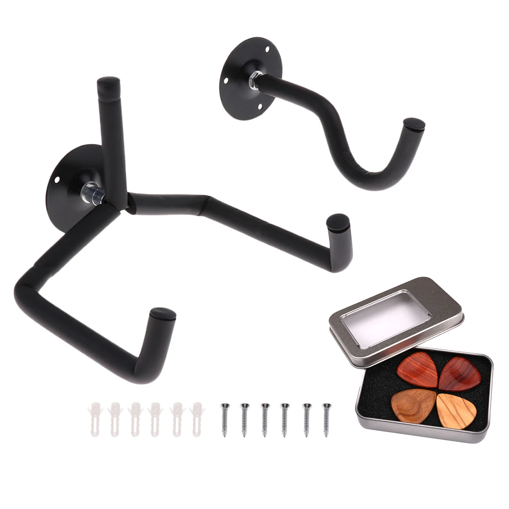 Tooyful 1 Set Metal Horizontal Guitar Wall Mount Holder Support Rack with 4pcs Wood Picks Plectrums