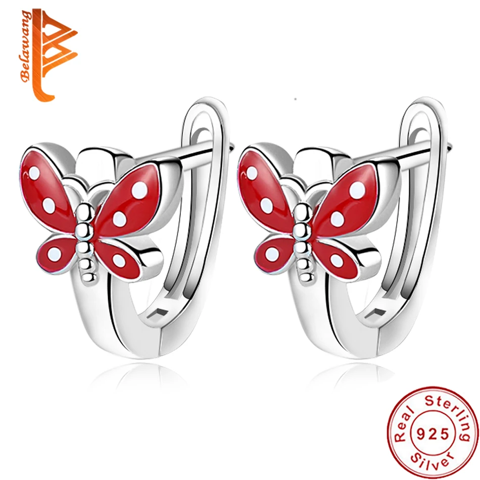 

BELAWANG Genuine 925 Sterling Silver Stud Earrings for Women Fine Jewelry Wedding Engagement Red Enamel Butterfly Earrings Gift
