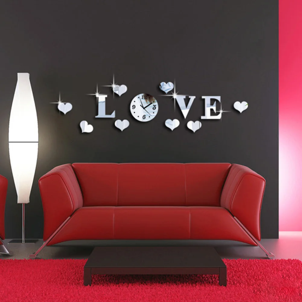 Decal Clock Floor Clock Wall Clock Decor LOVE Wall Sticker 3D 3D Home Silver