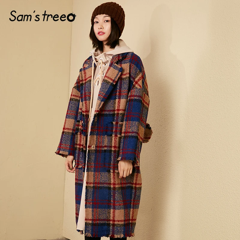 

Samstree Winter Women Wool Coat Plaid Fringed Edge Pocket Drop-shoulder Female Extra Long Vintage Coat Outwear Oversize
