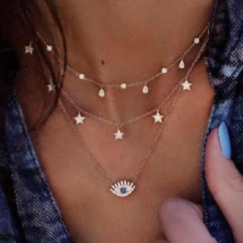 

10 PCS/Lot Turkish Eyes Tassel Layered Gold Necklace Rhinestone Choker Round Pendant Women Neck Pineapple Collier