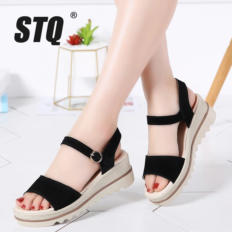

STQ women summer shoes 2019 sandals platform wedges thick heel flat sandals suede leather sandals ladies platform sandals 575