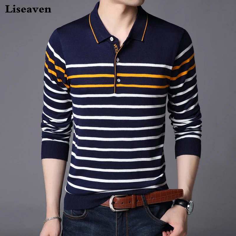 Liseaven, мужская рубашка поло, с длинным рукавом, в полоску, поло, приталенная, мужская рубашка, Camisas, хлопковые футболки, топы